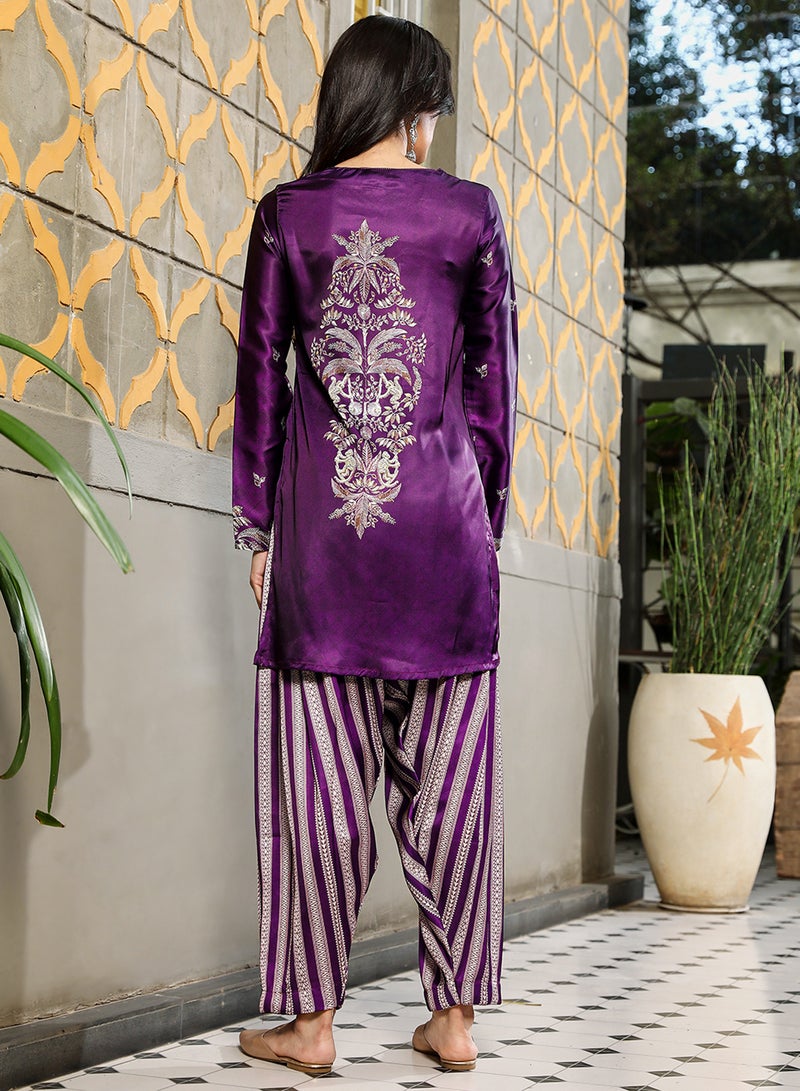 QISSA Women's Violet Ethnic Wilderness Kurti With Trousers & Dupatta For Casual Wear | Portrait Neck | Long Sleeve | 3 Piece Kurta Set Designed With Comfort Fit For Everyday Ethnic Wear - Image 5